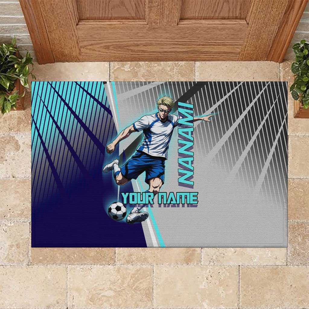 Personalized Nanami Kento Jujutsu Kaisen Rubber Doormat with Teal Highlights and Dynamic Kick Pose