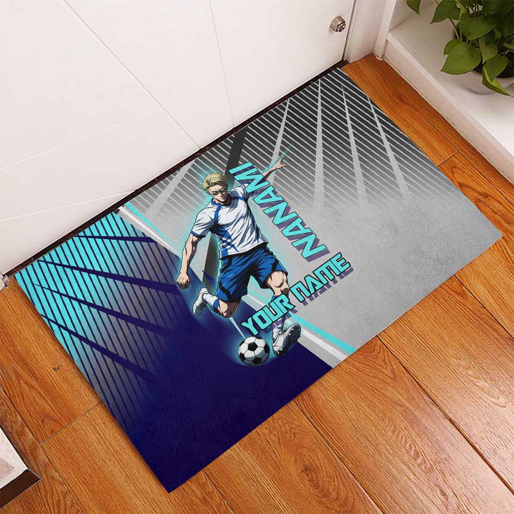Personalized Nanami Kento Jujutsu Kaisen Rubber Doormat with Teal Highlights and Dynamic Kick Pose