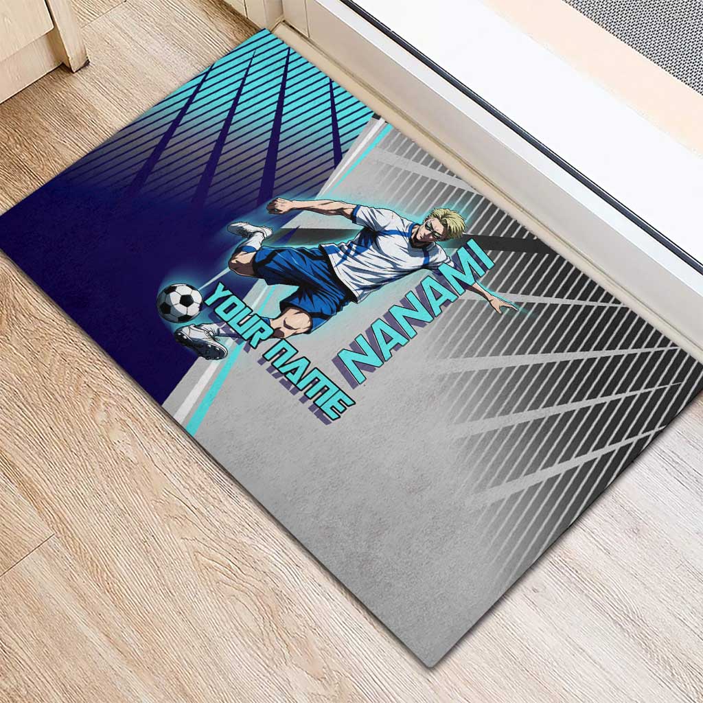 Personalized Nanami Kento Jujutsu Kaisen Rubber Doormat with Teal Highlights and Dynamic Kick Pose