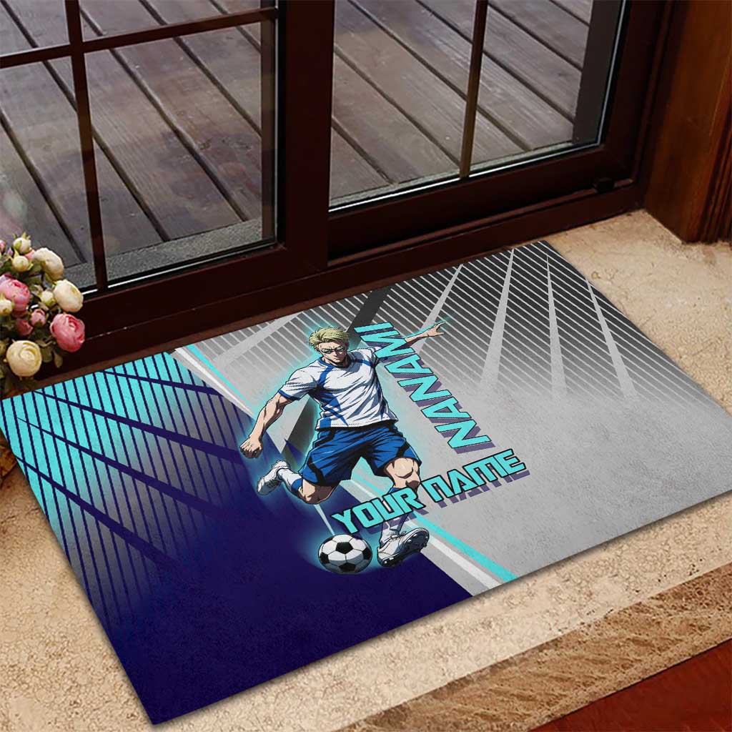 Personalized Nanami Kento Jujutsu Kaisen Rubber Doormat with Teal Highlights and Dynamic Kick Pose
