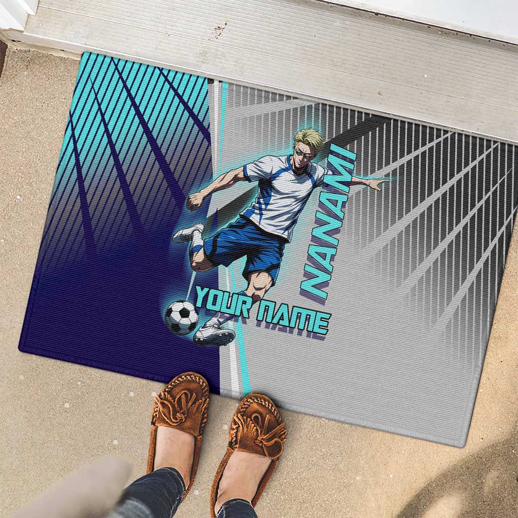 Personalized Nanami Kento Jujutsu Kaisen Rubber Doormat with Teal Highlights and Dynamic Kick Pose