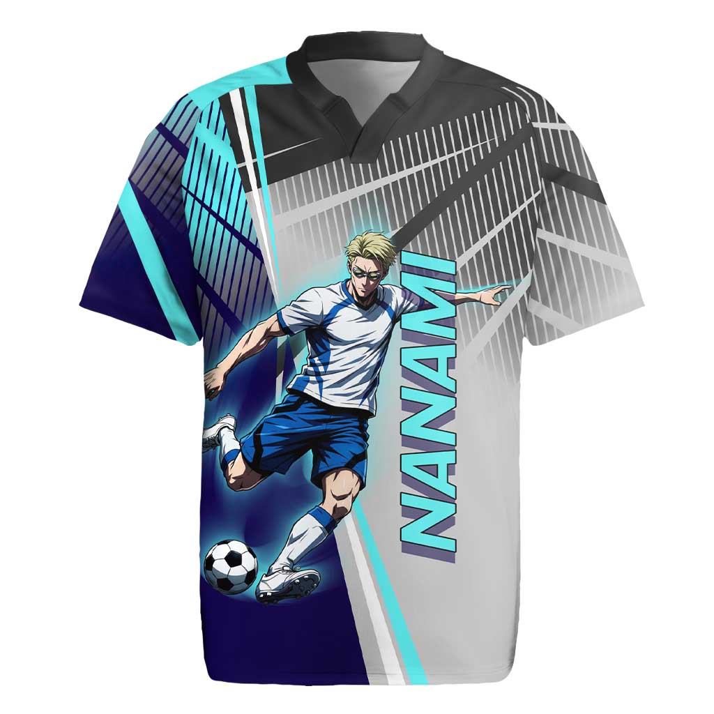 Personalized Nanami Kento Jujutsu Kaisen Rugby Jersey with Teal Highlights and Dynamic Kick Pose