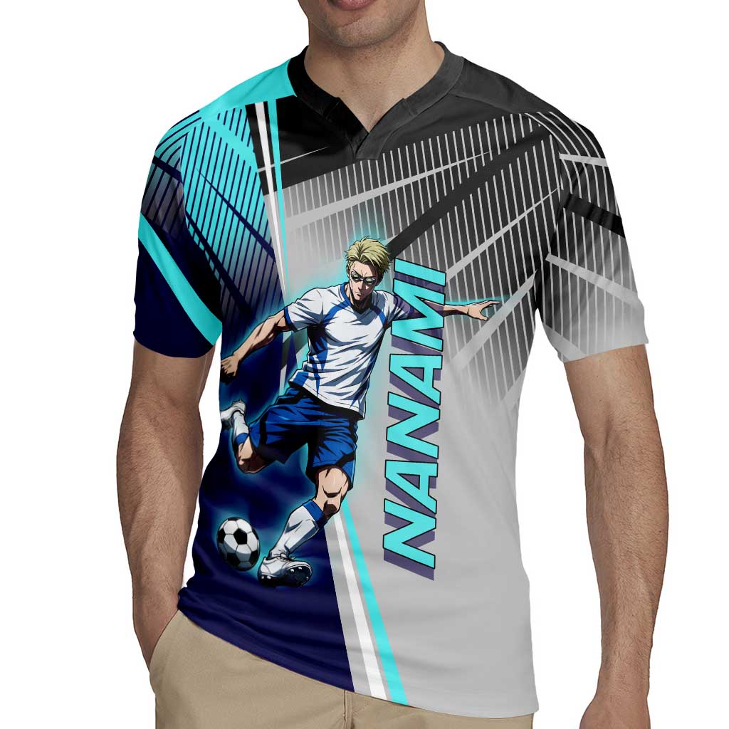 Personalized Nanami Kento Jujutsu Kaisen Rugby Jersey with Teal Highlights and Dynamic Kick Pose