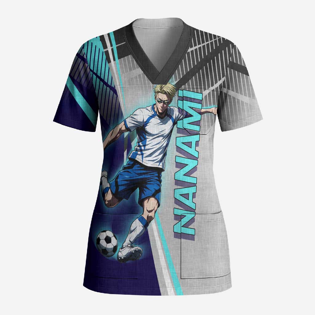 Personalized Nanami Kento Jujutsu Kaisen Scrub Top with Teal Highlights and Dynamic Kick Pose