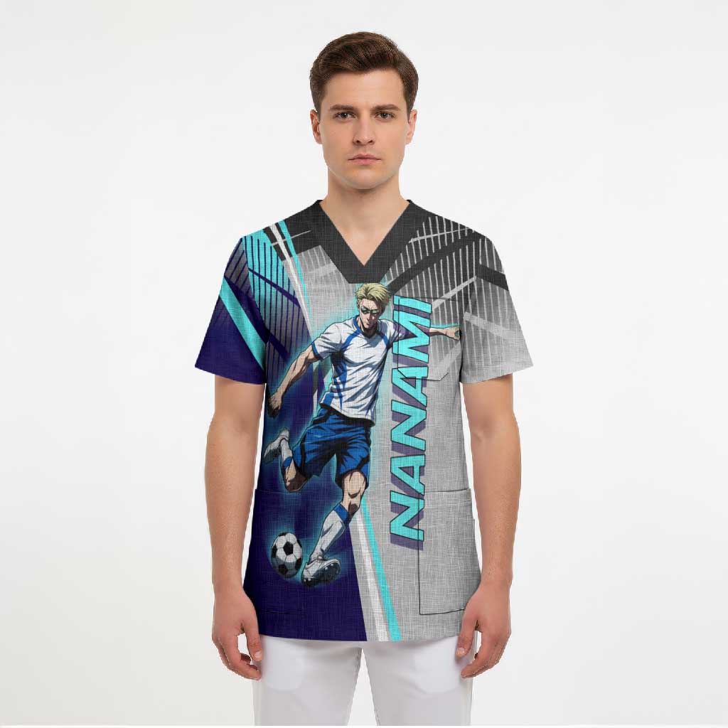 Personalized Nanami Kento Jujutsu Kaisen Scrub Top with Teal Highlights and Dynamic Kick Pose