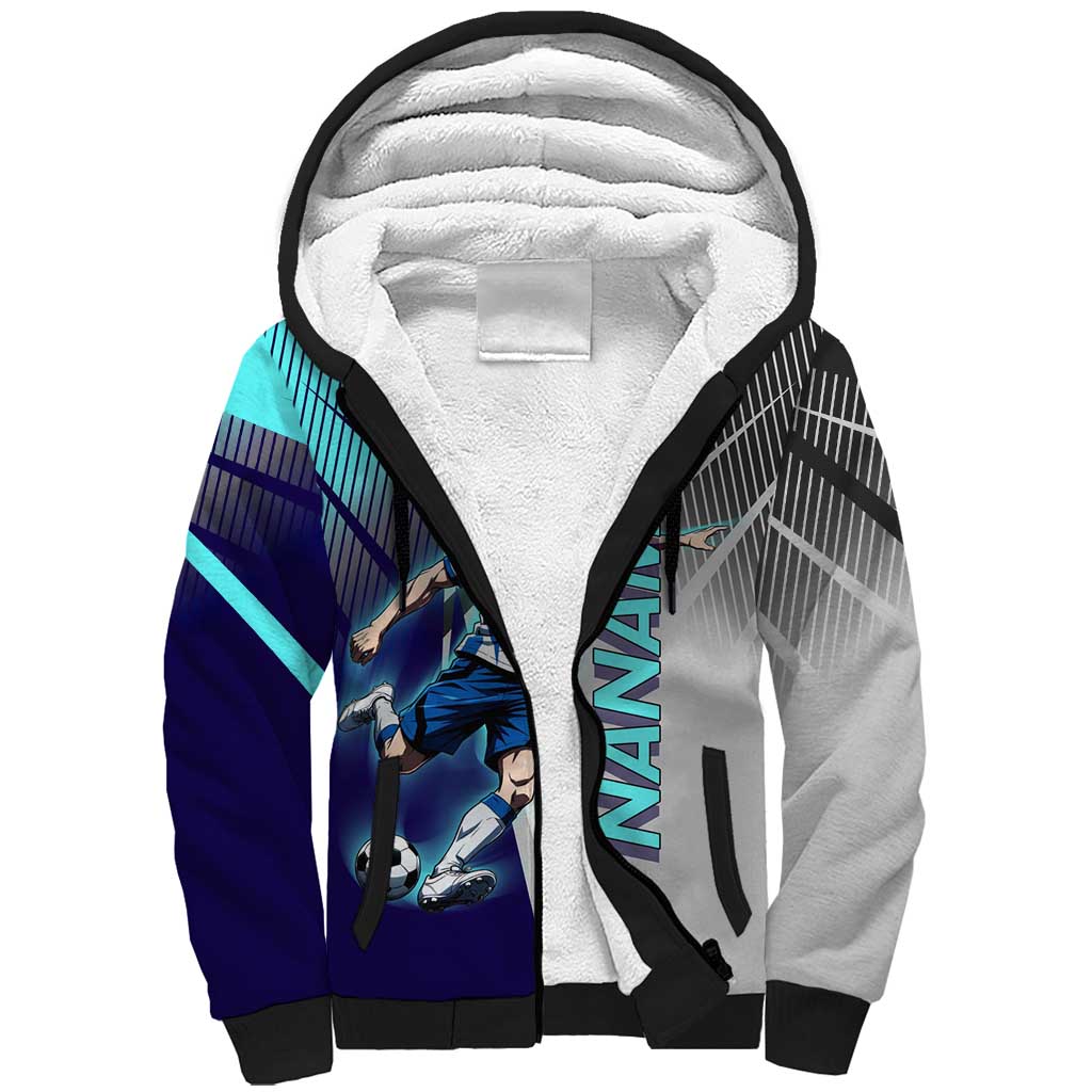 Personalized Nanami Kento Jujutsu Kaisen Sherpa Hoodie with Teal Highlights and Dynamic Kick Pose