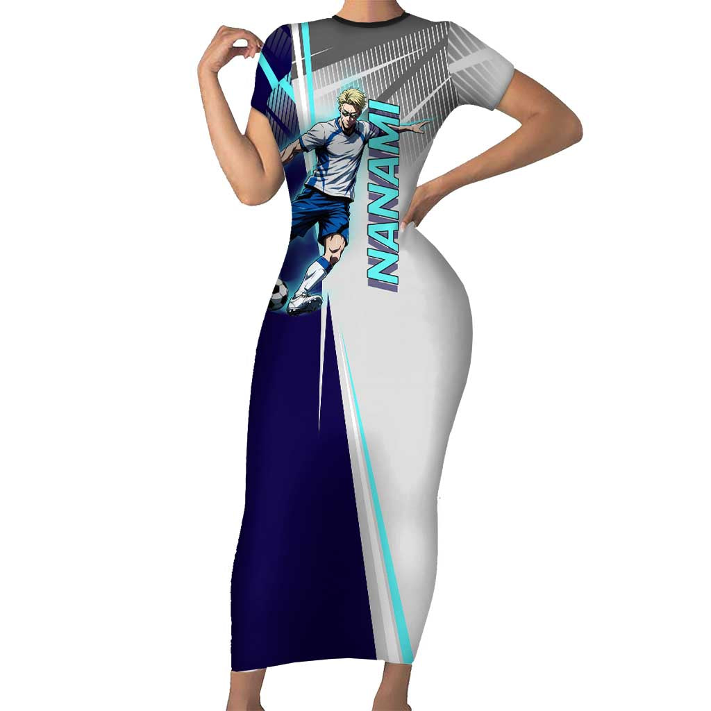 Personalized Nanami Kento Jujutsu Kaisen Short Sleeve Bodycon Dress with Teal Highlights and Dynamic Kick Pose