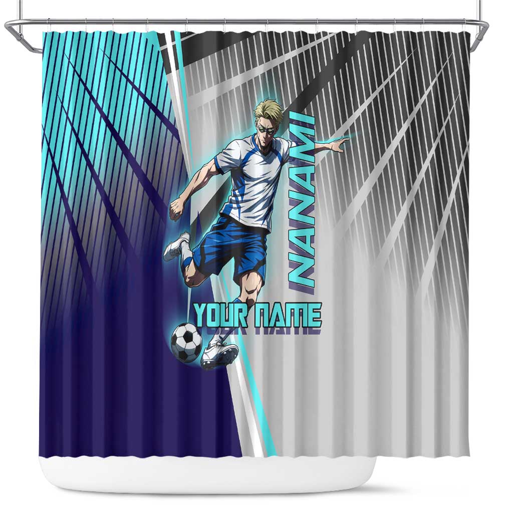 Personalized Nanami Kento Jujutsu Kaisen Shower Curtain with Teal Highlights and Dynamic Kick Pose