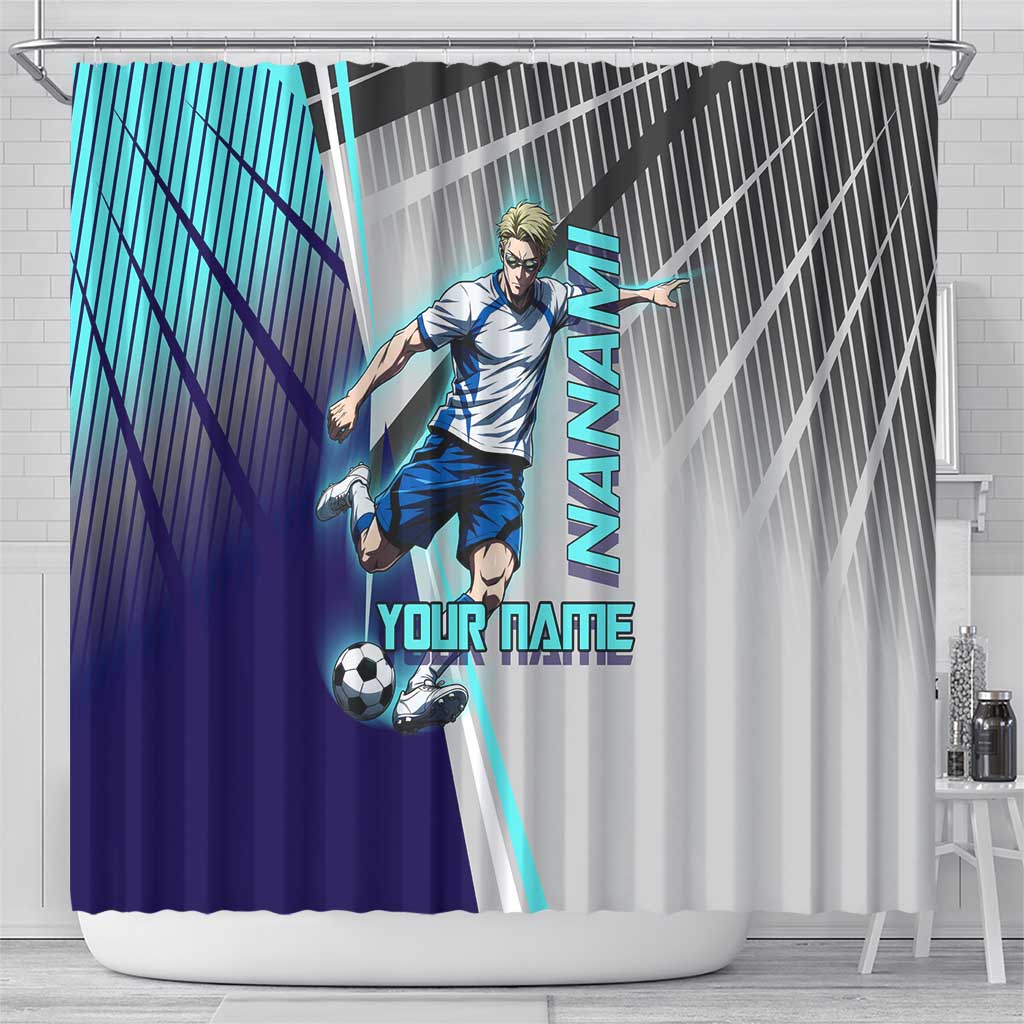 Personalized Nanami Kento Jujutsu Kaisen Shower Curtain with Teal Highlights and Dynamic Kick Pose