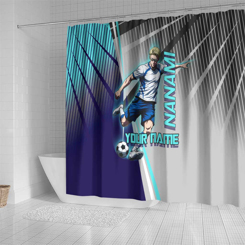 Personalized Nanami Kento Jujutsu Kaisen Shower Curtain with Teal Highlights and Dynamic Kick Pose