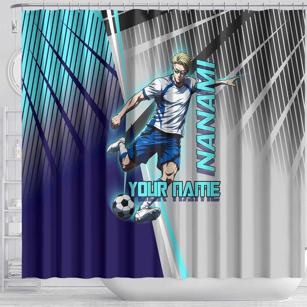 Personalized Nanami Kento Jujutsu Kaisen Shower Curtain with Teal Highlights and Dynamic Kick Pose