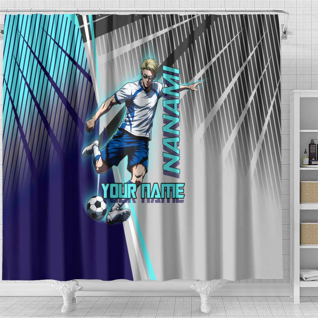 Personalized Nanami Kento Jujutsu Kaisen Shower Curtain with Teal Highlights and Dynamic Kick Pose