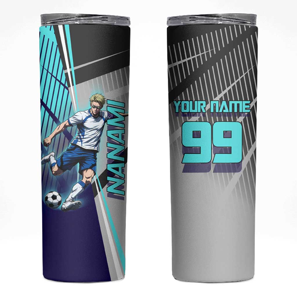 Personalized Nanami Kento Jujutsu Kaisen Skinny Tumbler with Teal Highlights and Dynamic Kick Pose