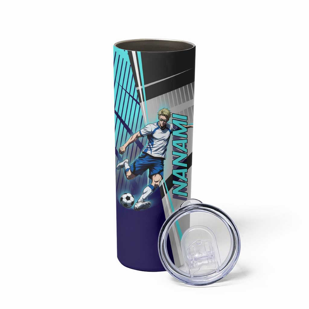 Personalized Nanami Kento Jujutsu Kaisen Skinny Tumbler with Teal Highlights and Dynamic Kick Pose