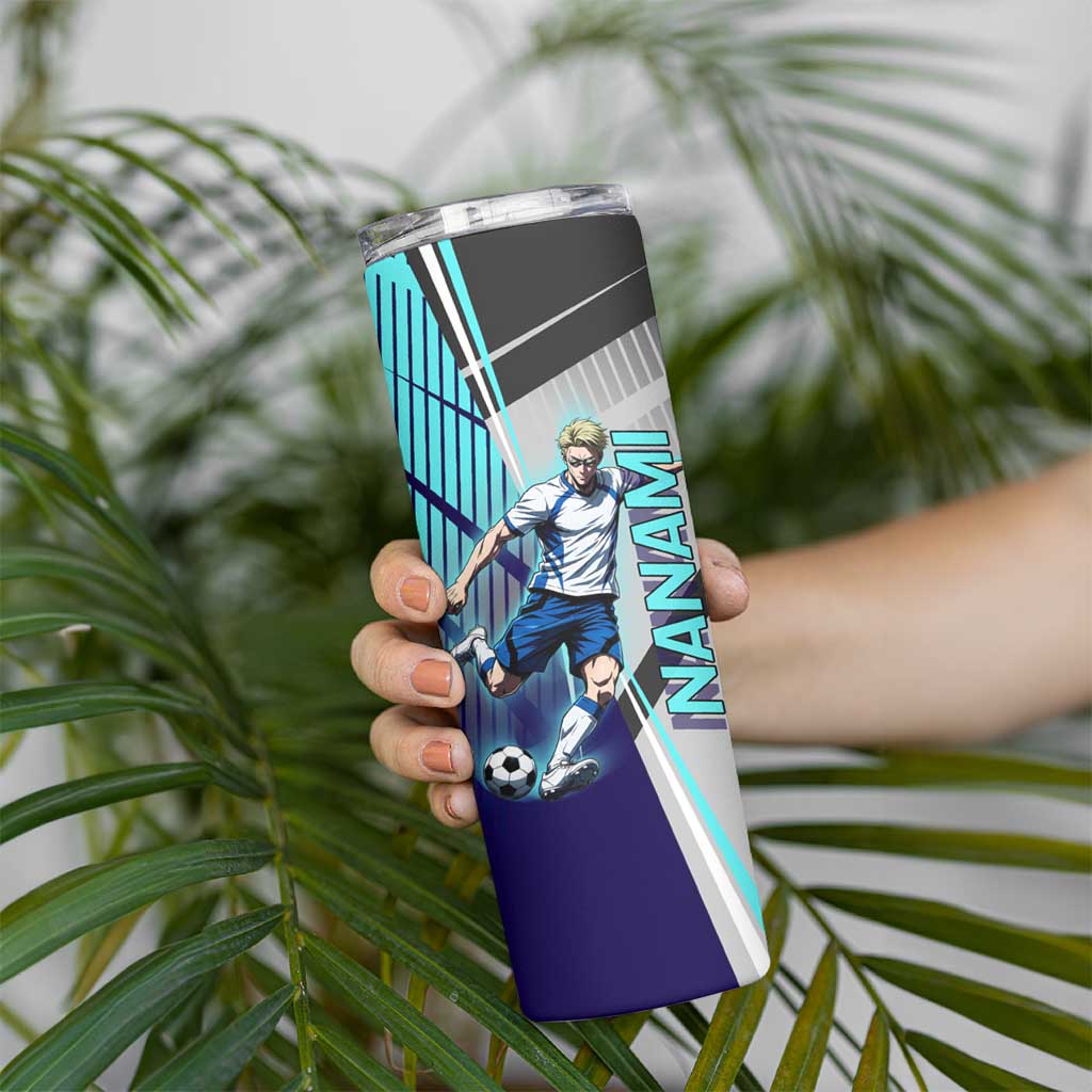 Personalized Nanami Kento Jujutsu Kaisen Skinny Tumbler with Teal Highlights and Dynamic Kick Pose