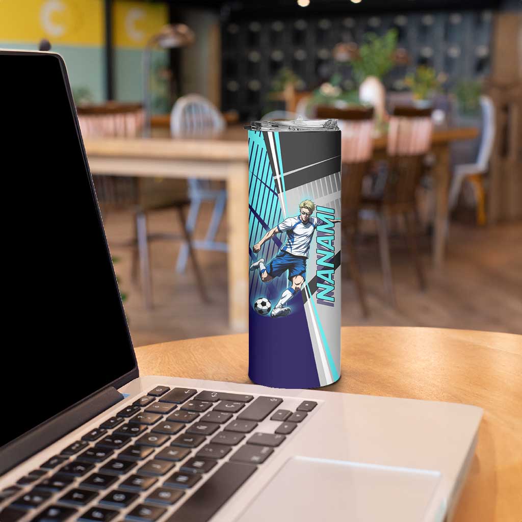 Personalized Nanami Kento Jujutsu Kaisen Skinny Tumbler with Teal Highlights and Dynamic Kick Pose