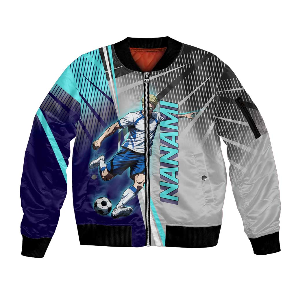 Personalized Nanami Kento Jujutsu Kaisen Sleeve Zip Bomber Jacket with Teal Highlights and Dynamic Kick Pose