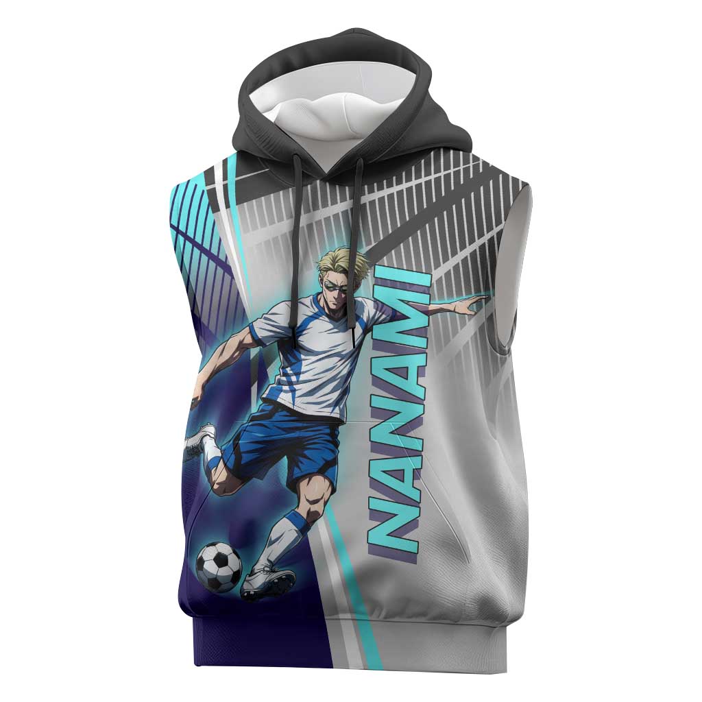 Personalized Nanami Kento Jujutsu Kaisen Sleeveless Hoodie with Teal Highlights and Dynamic Kick Pose
