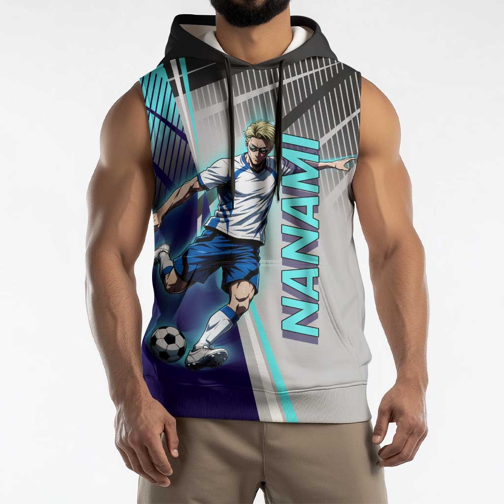 Personalized Nanami Kento Jujutsu Kaisen Sleeveless Hoodie with Teal Highlights and Dynamic Kick Pose