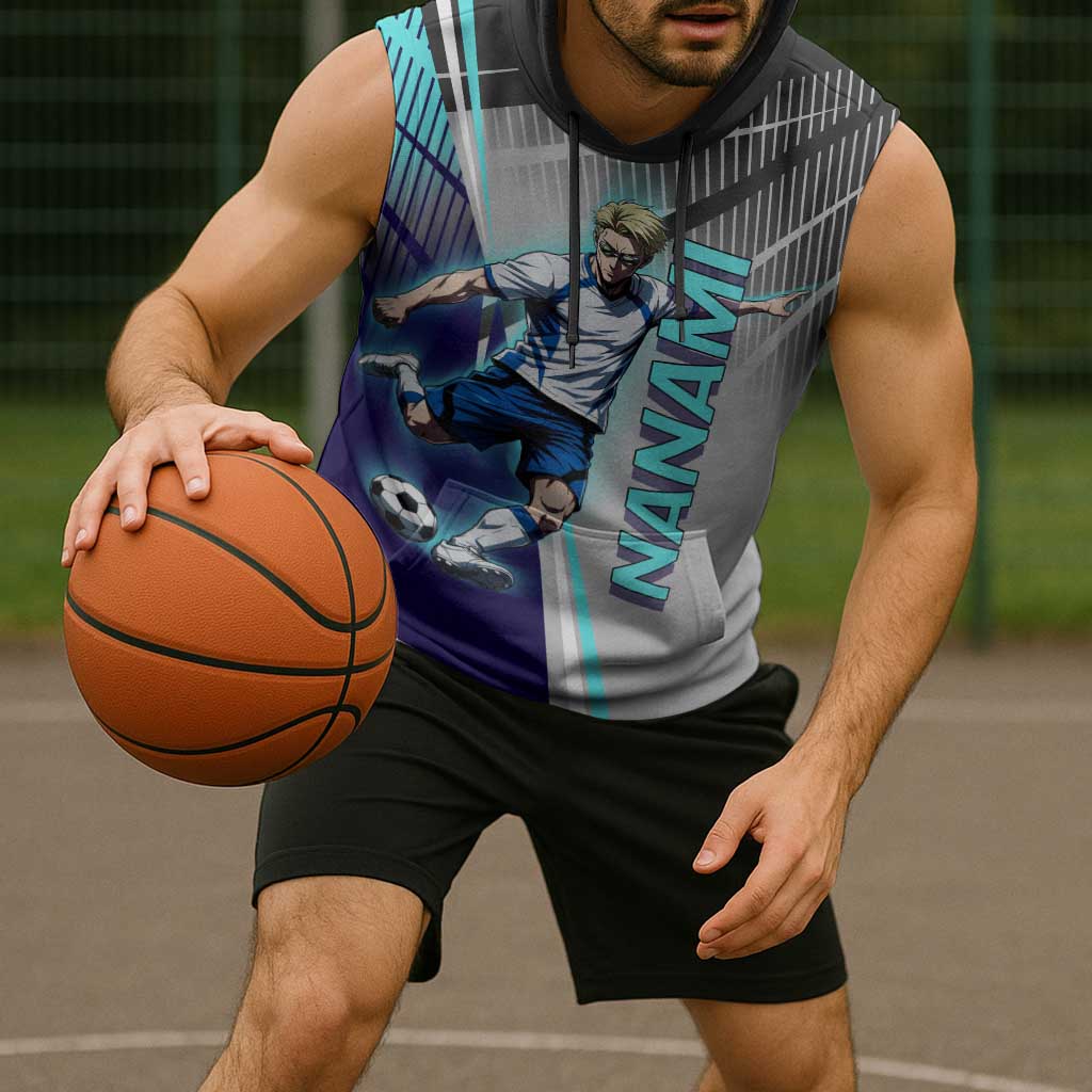 Personalized Nanami Kento Jujutsu Kaisen Sleeveless Hoodie with Teal Highlights and Dynamic Kick Pose