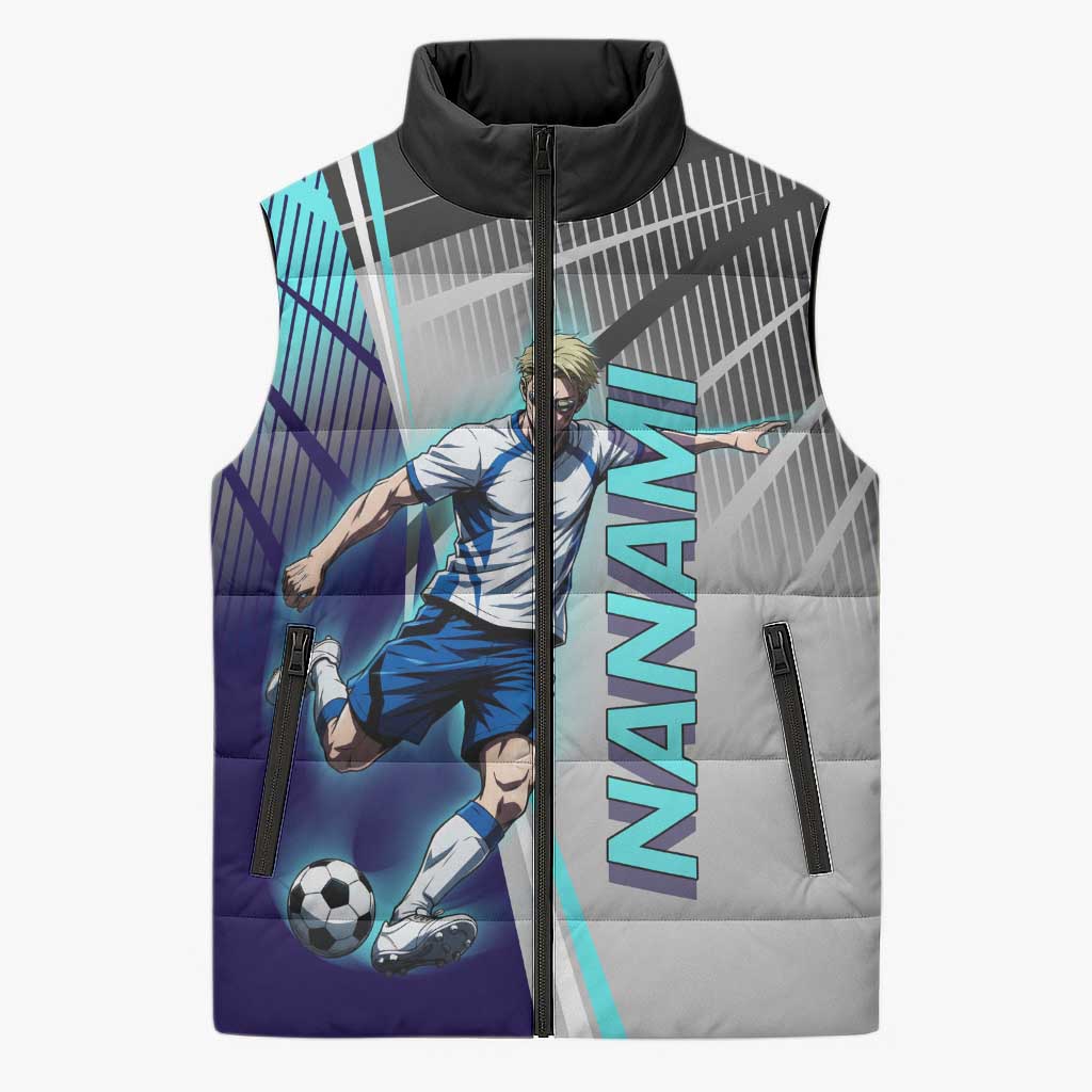 Personalized Nanami Kento Jujutsu Kaisen Sleeveless Puffer Jacket with Teal Highlights and Dynamic Kick Pose