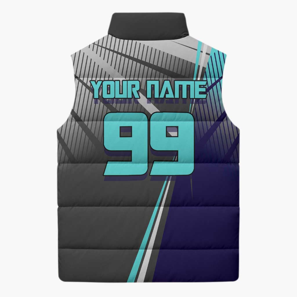 Personalized Nanami Kento Jujutsu Kaisen Sleeveless Puffer Jacket with Teal Highlights and Dynamic Kick Pose