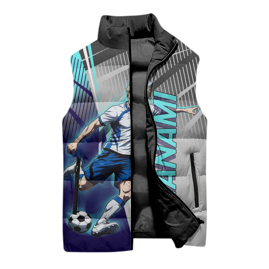 Personalized Nanami Kento Jujutsu Kaisen Sleeveless Puffer Jacket with Teal Highlights and Dynamic Kick Pose