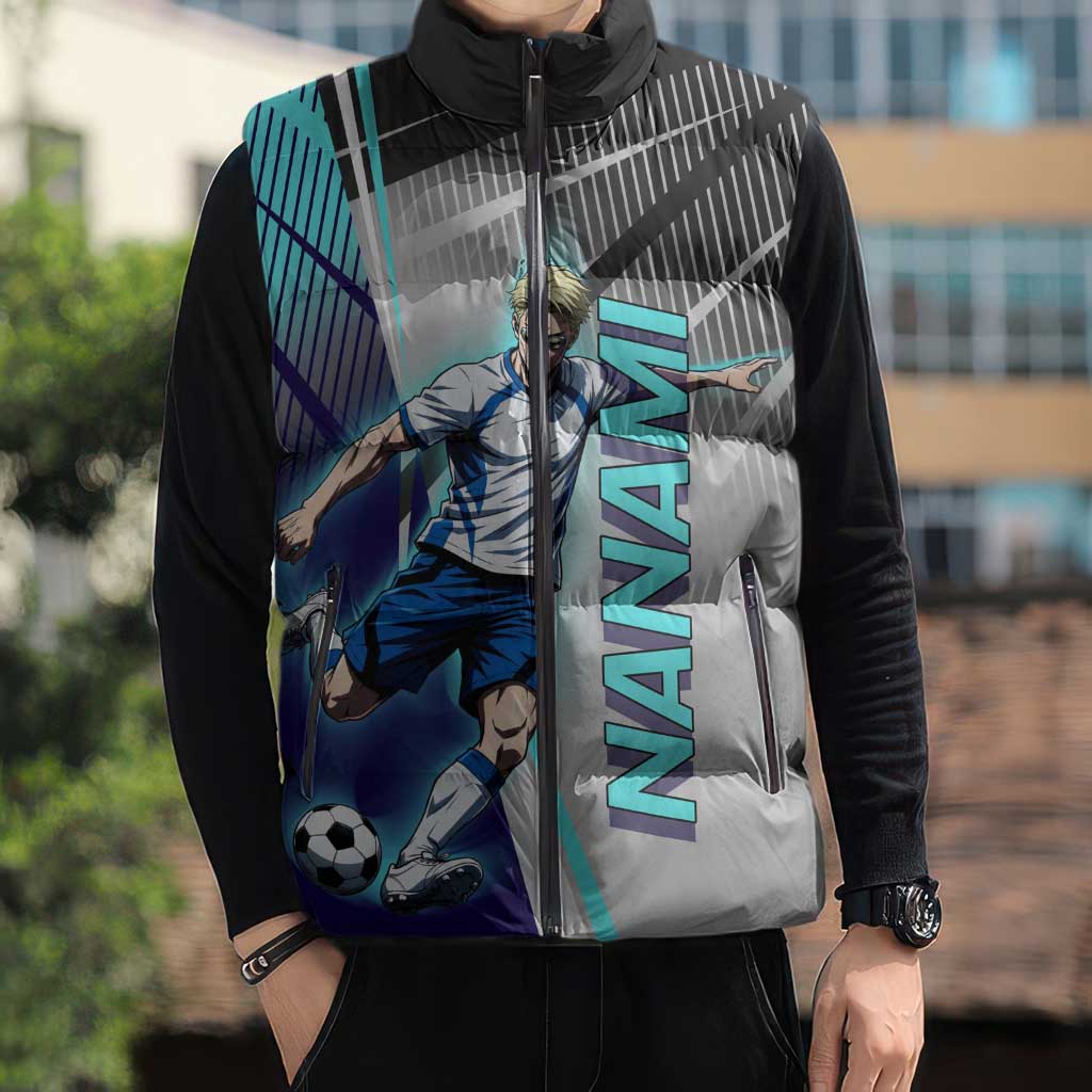 Personalized Nanami Kento Jujutsu Kaisen Sleeveless Puffer Jacket with Teal Highlights and Dynamic Kick Pose
