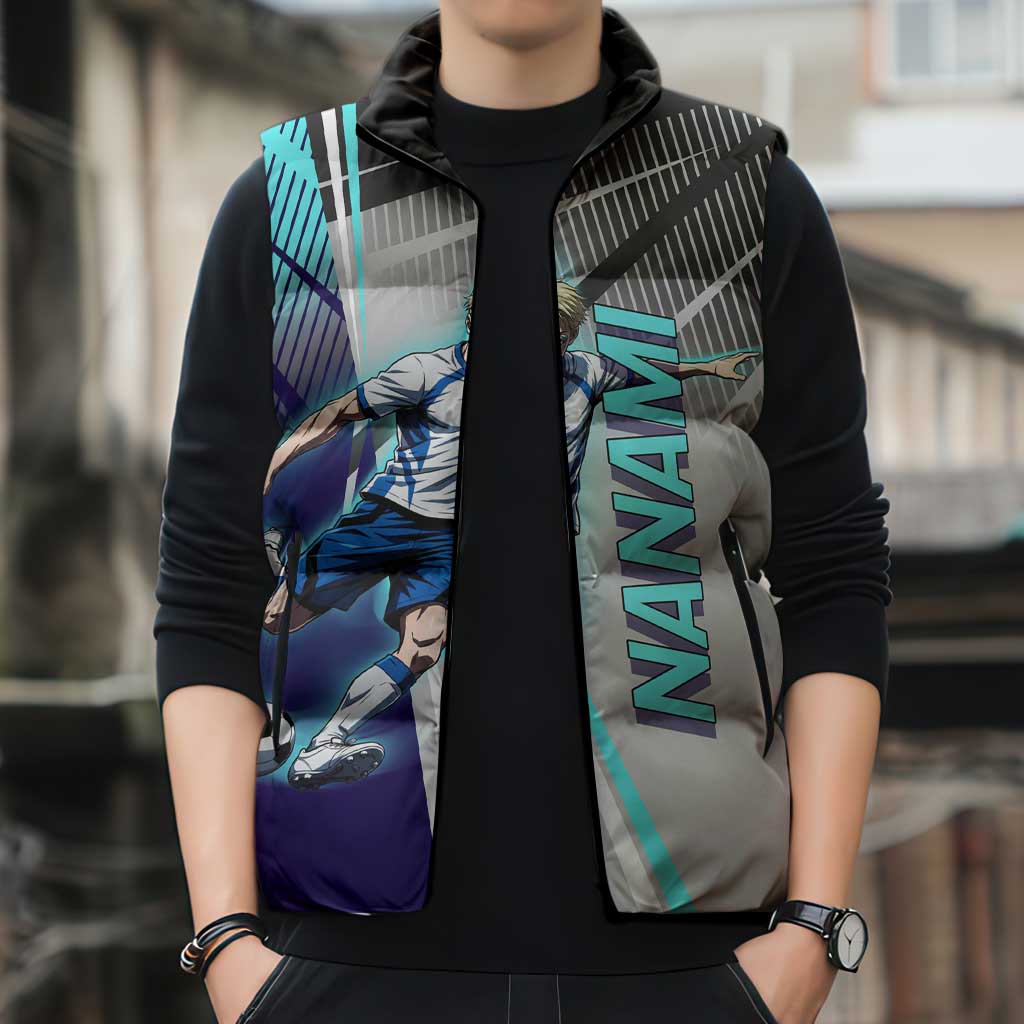 Personalized Nanami Kento Jujutsu Kaisen Sleeveless Puffer Jacket with Teal Highlights and Dynamic Kick Pose