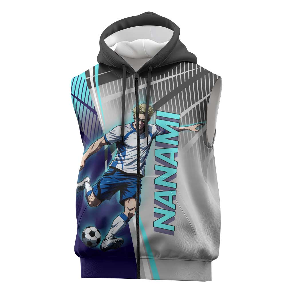 Personalized Nanami Kento Jujutsu Kaisen Sleeveless Zip Hoodie with Teal Highlights and Dynamic Kick Pose