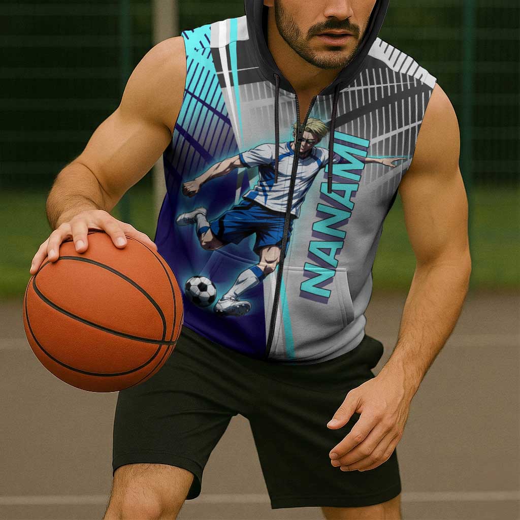 Personalized Nanami Kento Jujutsu Kaisen Sleeveless Zip Hoodie with Teal Highlights and Dynamic Kick Pose