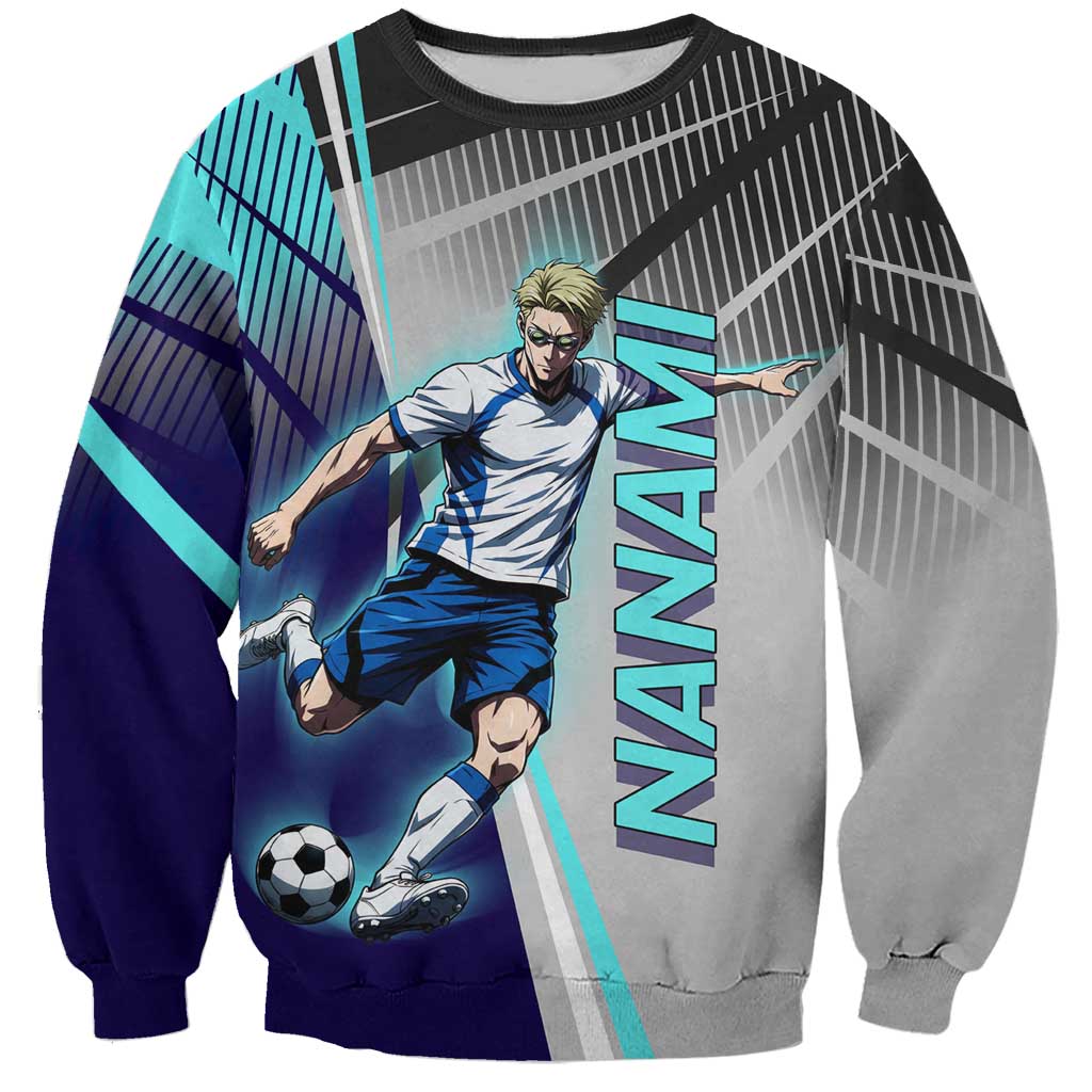 Personalized Nanami Kento Jujutsu Kaisen Sweatshirt with Teal Highlights and Dynamic Kick Pose