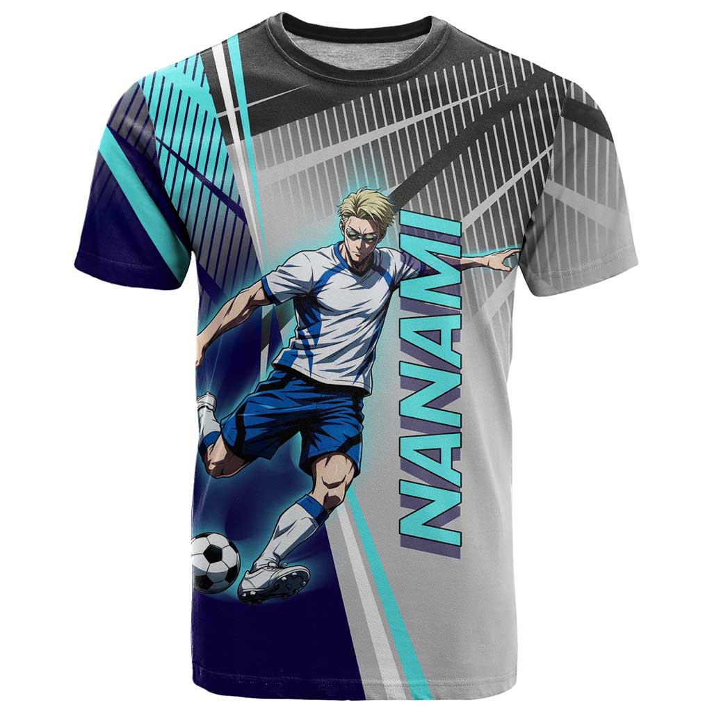 Personalized Nanami Kento Jujutsu Kaisen T Shirt with Teal Highlights and Dynamic Kick Pose