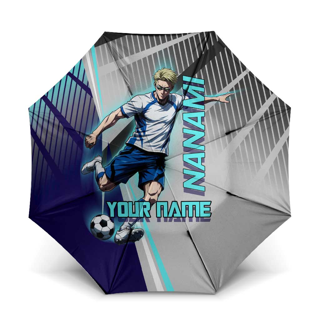 Personalized Nanami Kento Jujutsu Kaisen Umbrella with Teal Highlights and Dynamic Kick Pose