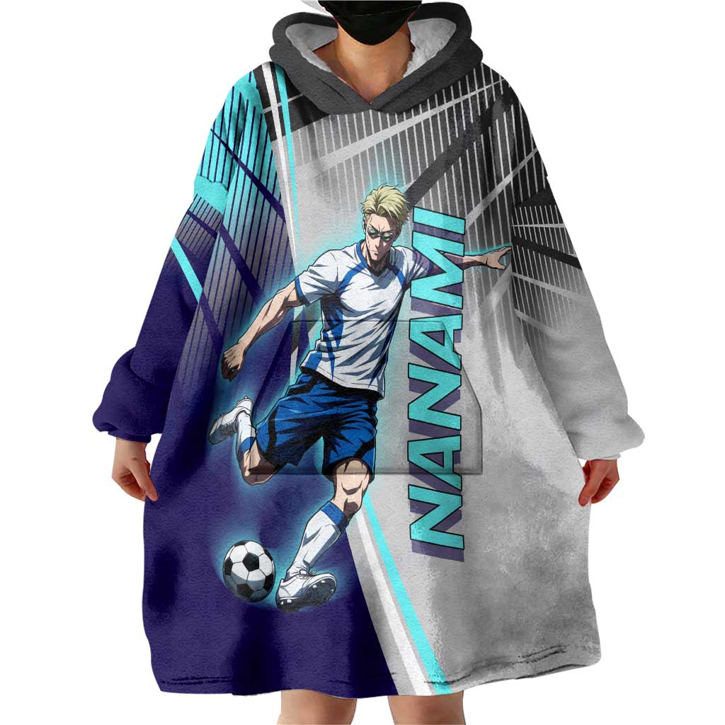 Personalized Nanami Kento Jujutsu Kaisen Wearable Blanket Hoodie with Teal Highlights and Dynamic Kick Pose
