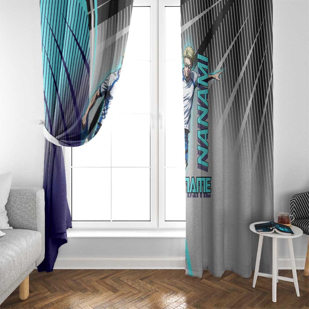 Personalized Nanami Kento Jujutsu Kaisen Window Curtain with Teal Highlights and Dynamic Kick Pose