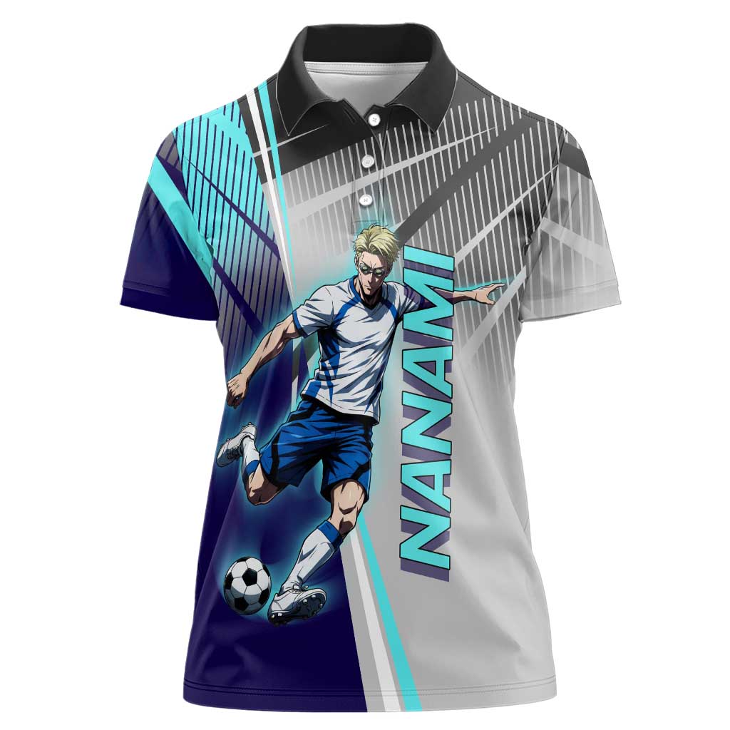 Personalized Nanami Kento Jujutsu Kaisen Women Polo Shirt with Teal Highlights and Dynamic Kick Pose