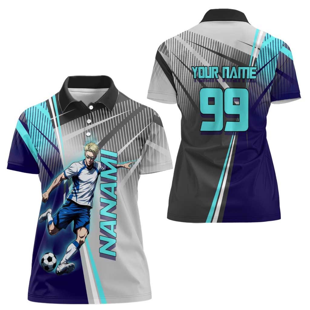 Personalized Nanami Kento Jujutsu Kaisen Women Polo Shirt with Teal Highlights and Dynamic Kick Pose