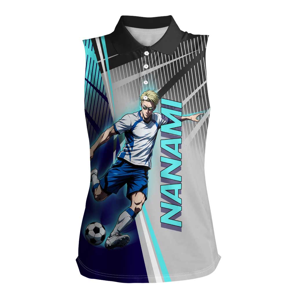 Personalized Nanami Kento Jujutsu Kaisen Women Sleeveless Polo Shirt with Teal Highlights and Dynamic Kick Pose