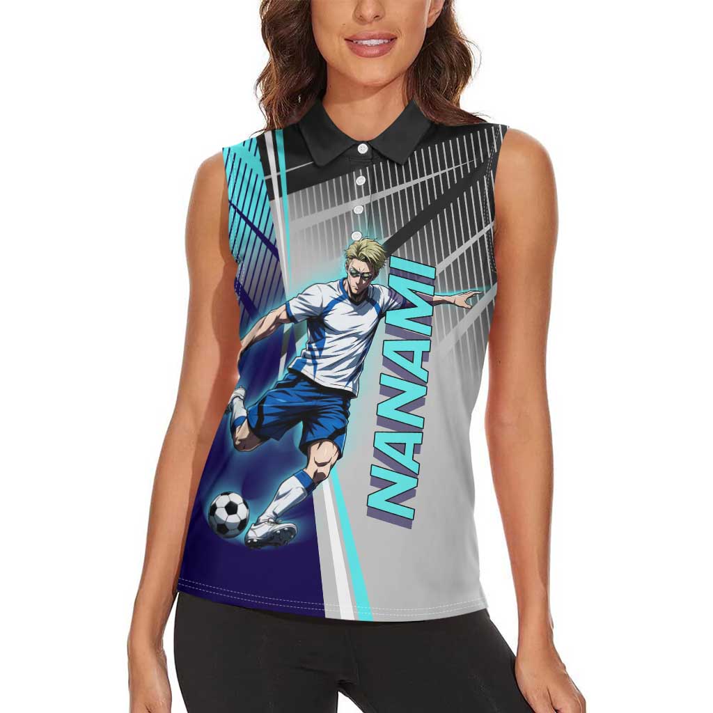 Personalized Nanami Kento Jujutsu Kaisen Women Sleeveless Polo Shirt with Teal Highlights and Dynamic Kick Pose