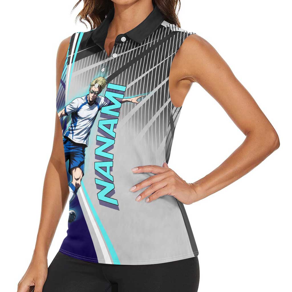 Personalized Nanami Kento Jujutsu Kaisen Women Sleeveless Polo Shirt with Teal Highlights and Dynamic Kick Pose