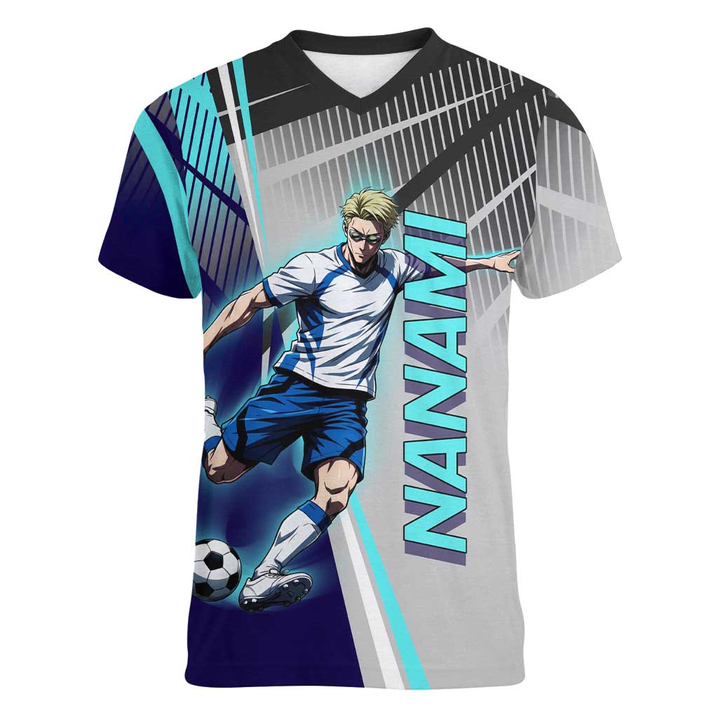Personalized Nanami Kento Jujutsu Kaisen Women V-Neck T-Shirt with Teal Highlights and Dynamic Kick Pose