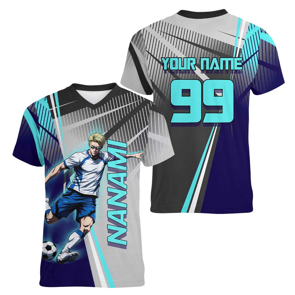 Personalized Nanami Kento Jujutsu Kaisen Women V-Neck T-Shirt with Teal Highlights and Dynamic Kick Pose