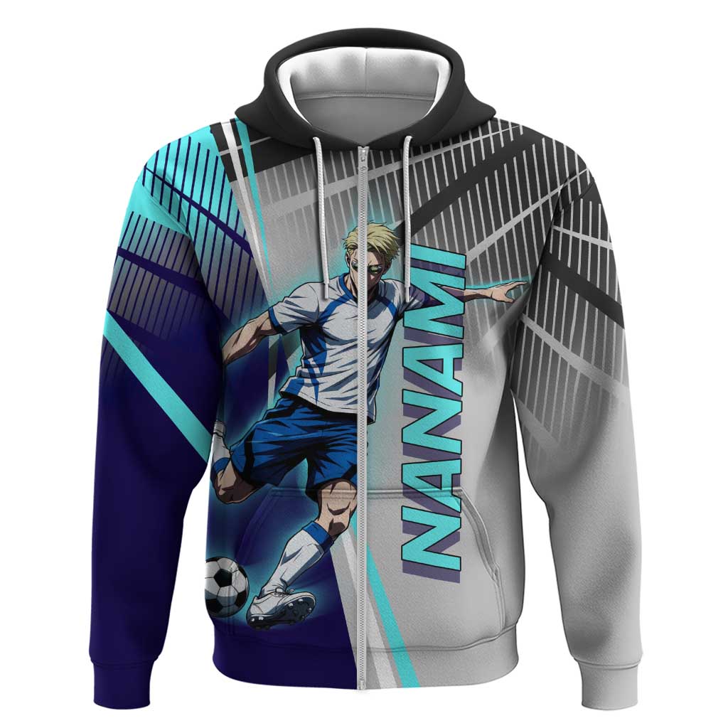 Personalized Nanami Kento Jujutsu Kaisen Zip Hoodie with Teal Highlights and Dynamic Kick Pose