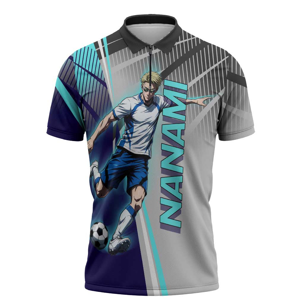 Personalized Nanami Kento Jujutsu Kaisen Zipper Polo Shirt with Teal Highlights and Dynamic Kick Pose