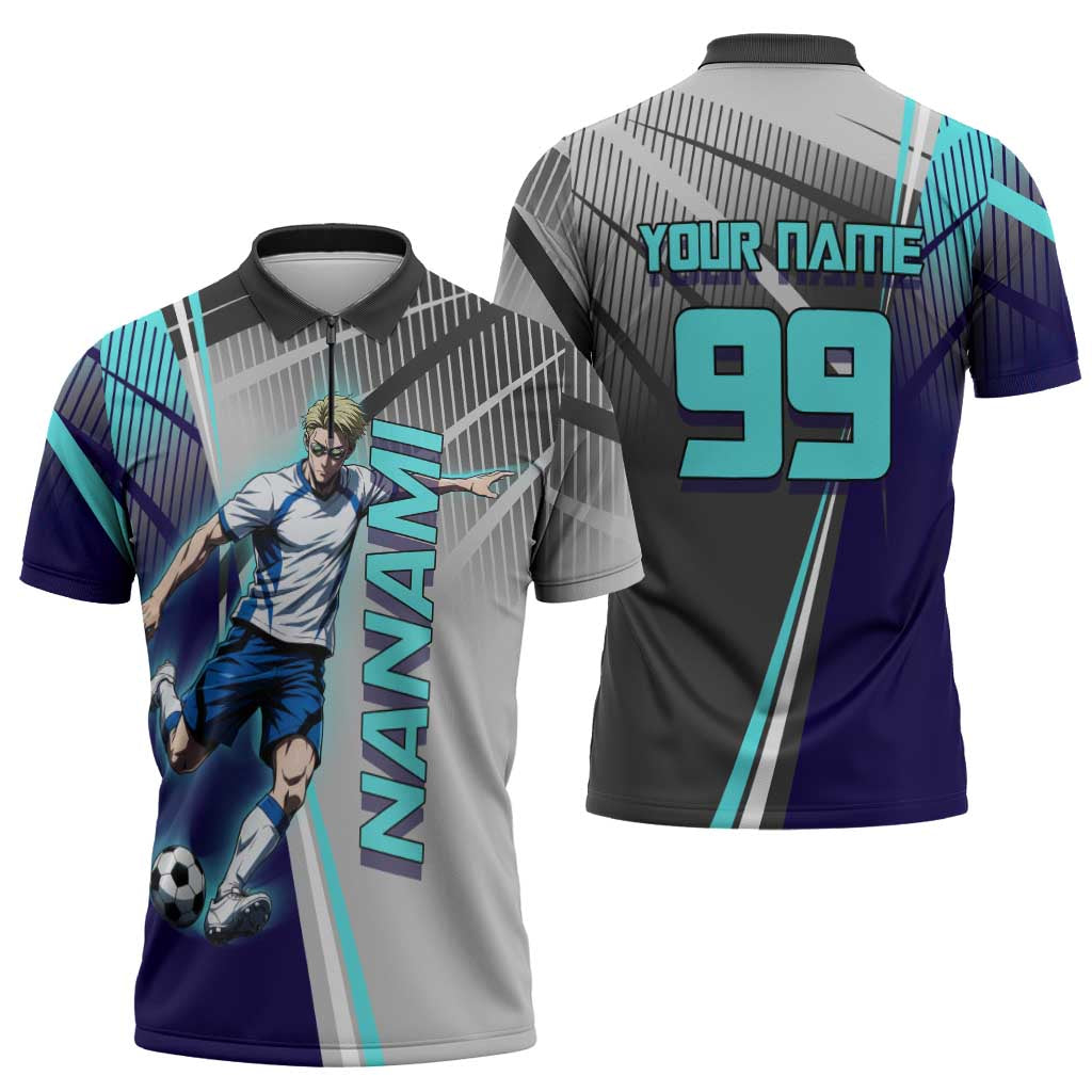 Personalized Nanami Kento Jujutsu Kaisen Zipper Polo Shirt with Teal Highlights and Dynamic Kick Pose