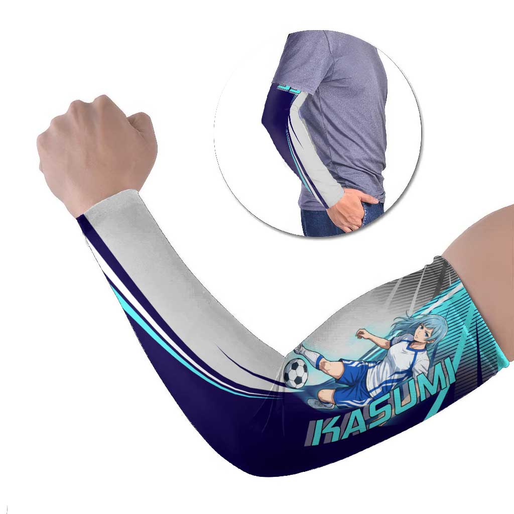 Personalized Miwa Kasumi Jujutsu Kaisen Arm Sleeves with Light Blue Accents and Action Pose