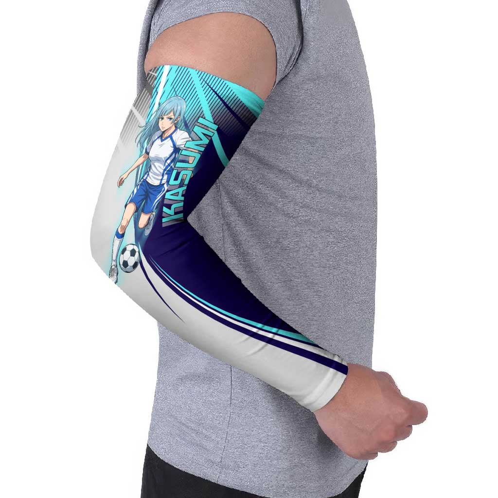 Personalized Miwa Kasumi Jujutsu Kaisen Arm Sleeves with Light Blue Accents and Action Pose