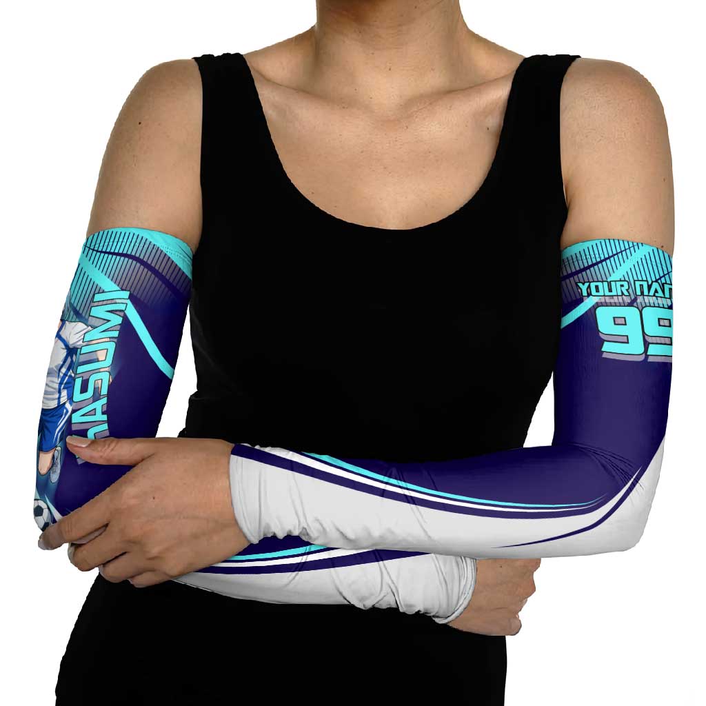 Personalized Miwa Kasumi Jujutsu Kaisen Arm Sleeves with Light Blue Accents and Action Pose
