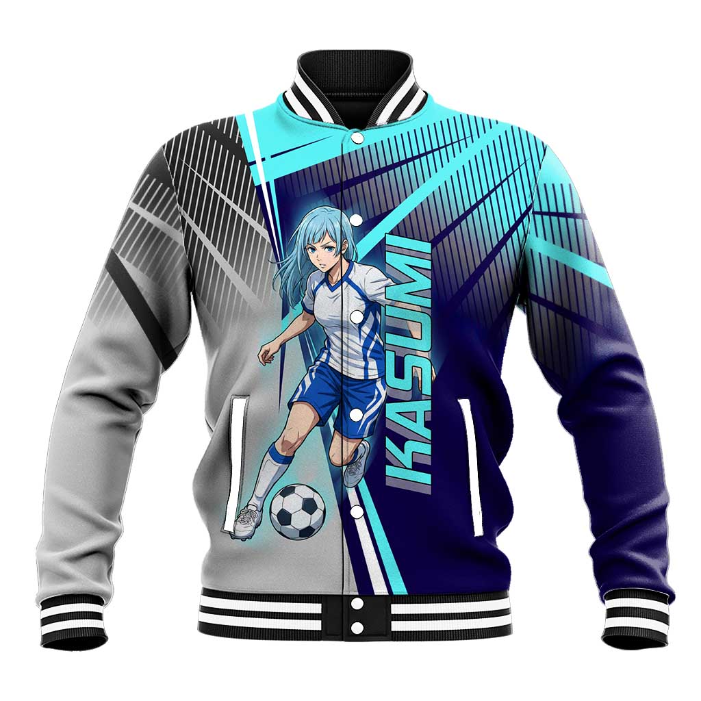 Personalized Miwa Kasumi Jujutsu Kaisen Baseball Jacket with Light Blue Accents and Action Pose